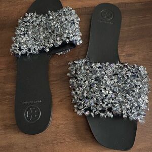 Tory Burch Black and Silver Embellished Sandals